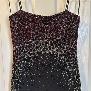 JS Boutique - Heavily Beaded Spaghetti Strap Long Dress. Magenta,Silvr,Blk Beads